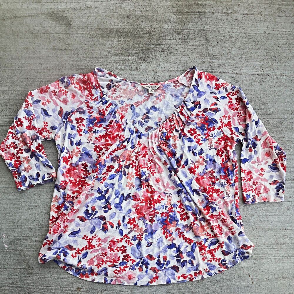 Lucky Brand Top Womens Medium Watercolor Floral Boho Feminine Romantic V Neck